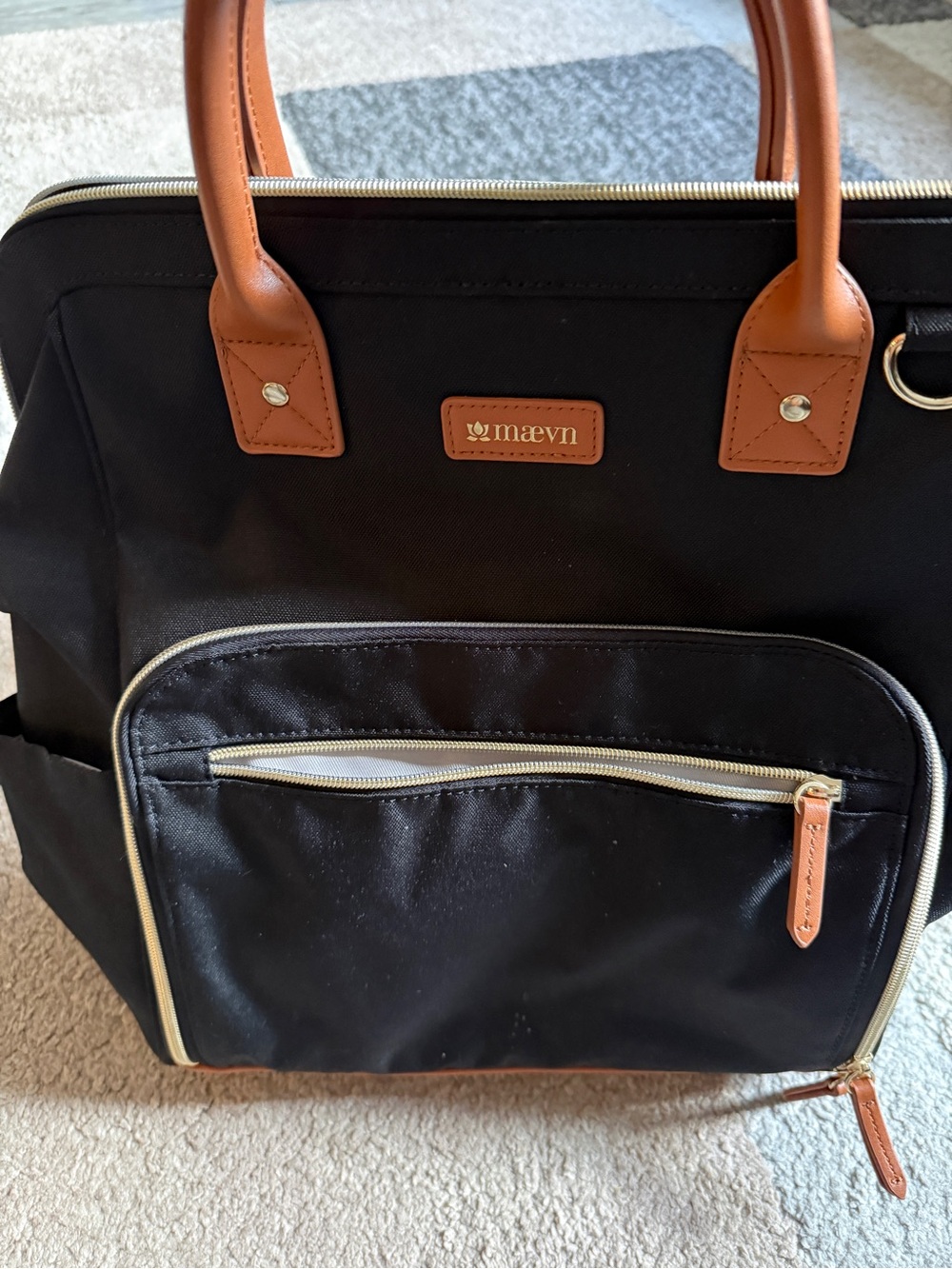 Maevn Ready Go 2 Clinical Black and Tan Backpack Tote with Leather Trim - Picture 3 of 5